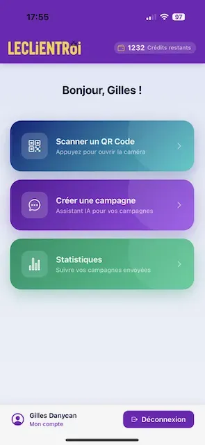 Écran d'accueil de l'app LeClientRoi